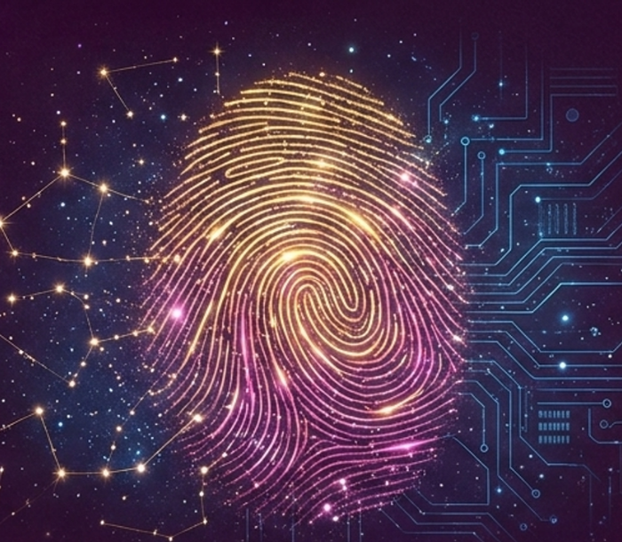 A glowing fingerprint combining human identity with technology.